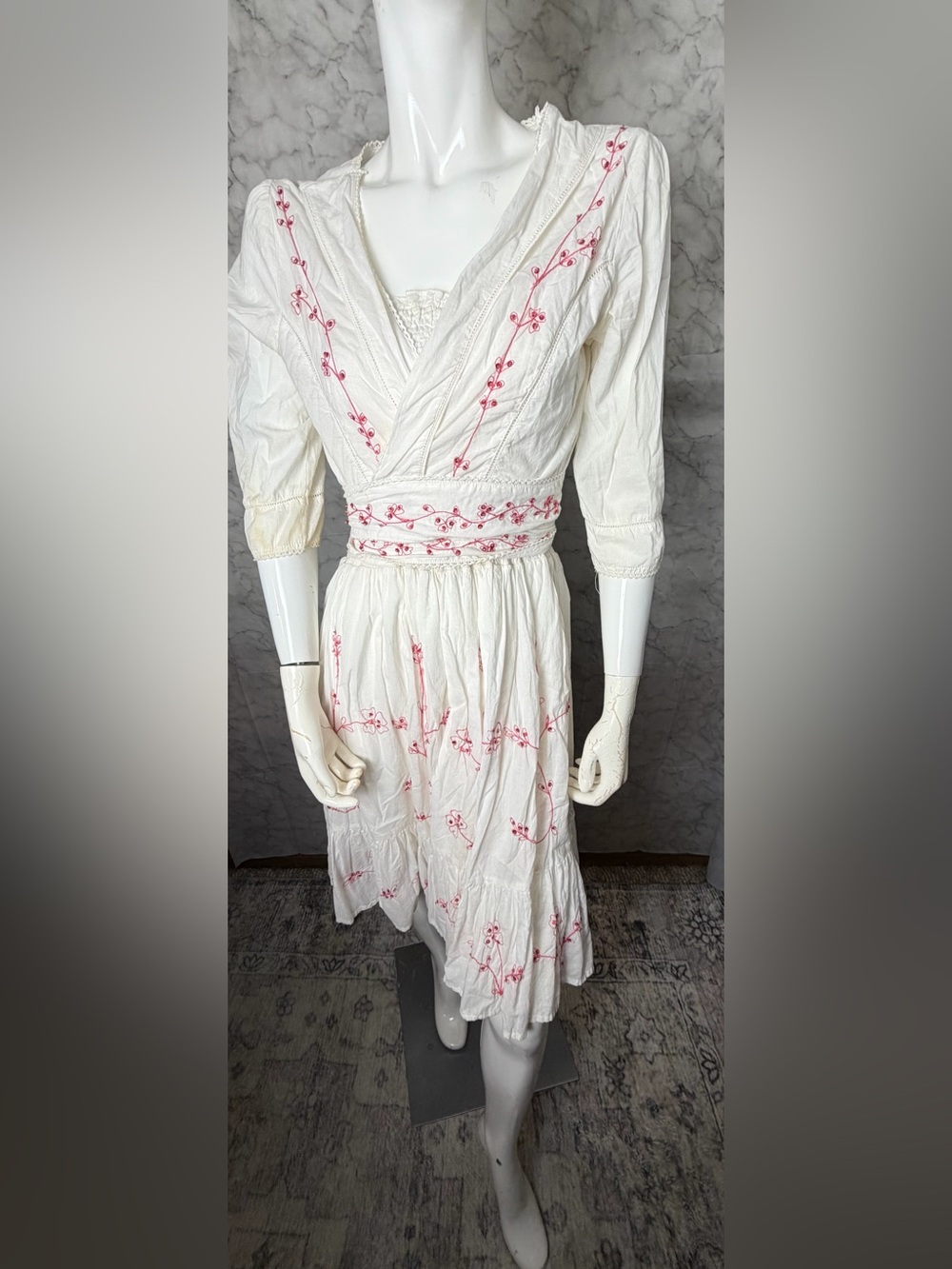 2 Piece Vintage 100% Cotton Embroidered Smocked Dress Wrap Top Set L Cottagecore